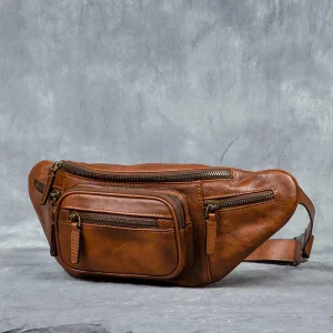 Customizable Men’s Vintage Genuine Leather Waterproof Zipper Chest Bag Large Capacity Durable Outdoor Sports Daily