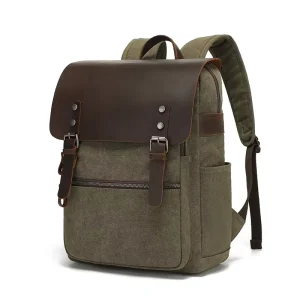 Customizable Retro Waxed Canvas Canvas with Crazy Horse Leather Backpack Unisex Computer Travel Bag for Mens Womens
