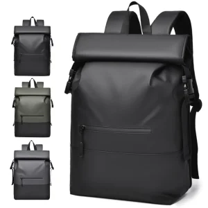 Customizable Rpet Fabric Men’s Laptop Backpack PU Leather Polyester Roll Top Design Black Waterproof Travel Business