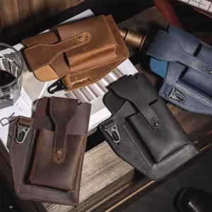 Customizable Vintage Crazy Horse Leather Waist Bag Factory Made Sports Running Mobile Phone Zipper Belt Men’s Fanny Pack Zipper