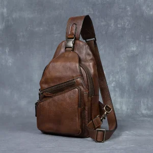 Customization Handmade Genuine Leather Vintage Men’s Chest Shoulder Bag Zipper Closure Waterproof