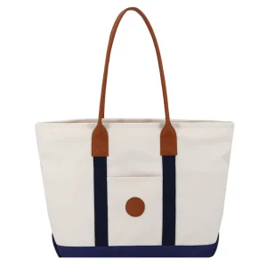 Customization Heavy Duty Cotton Canvas Tote Bag with Front Pocket PU Leather Handles Grocery Shop Bag for Men