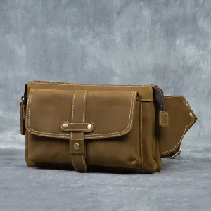 Customization Men’s Genuine Leather Crazy Horse Vintage Waist Bag Waterproof Zipper Closure Durable Large Capacity