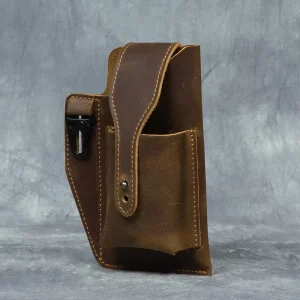 Customization Men’s Genuine Leather Crazy Horse Vintage Waterproof Waist Bag Zipper Closure Large Capacity Mobile