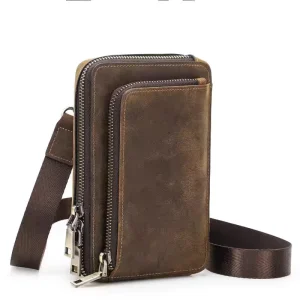 Customization Vintage Crazy Horse Genuine Leather Men’s Mobile Phone Bag Fashion Casual Small Shoulder Messenger