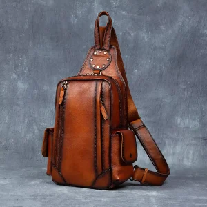 Customization Vintage Genuine Leather Waterproof Durable Large Capacity Zipper Closure Men’s Chest Shoulder Bag