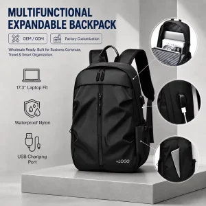 Customized Backpacks OEM ODM 17.3 Inch Tech Waterproof Nylon Business Laptop Bag Factory Custom Logo