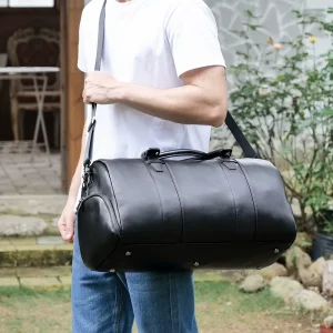 Customized Black Full Grain Luggage Weekender Overnight Business Man Genuine Leather Travel Duffel Bag