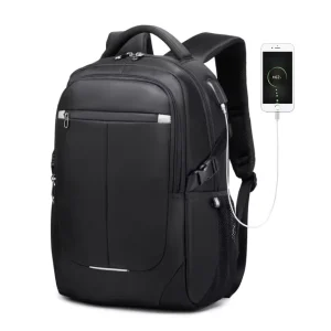 Customized Black USB Plug Backpack Durable Waterproof Polyester Pack Zipper for Business Men Laptop