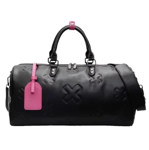 Customized Full Emboss Logo Duffel Bag Men Women Black PU Leather Overnight Travel Bag with Dry Wet Pocket