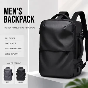 Customized Logo Portable Anti-theft PU Leather Travel Backpack Work and School Large Capacity Men’s Backpack