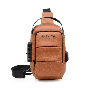 Customized Men’s All Seasons Outdoor Waterproof PU Chest Bags USB Ports Zipper Closure Fashion Crossbody Shoulder Bag