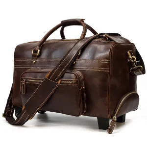 Customized Solid Genuine Leather Trolley Bag Travel Luggage Full Grain Cowhide Wheeled Rolling Duffel Bag for Men