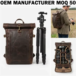 Dark Brown Genuine Leather Lens Case Compact Size With Padded Dividers Leather Camera Bag Backpack for CA