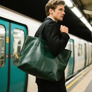 Deep Green Top Grain Leather Bag High End Men’s Work Bag Custom Spacious Real Leather Tote Bag with Logo