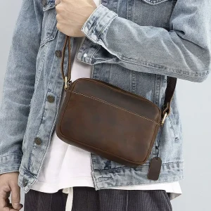 Design Mens Vintage Style Sturdy Cowhide Crazy Horse Leather Shoulder Bag Genuine Leather Cross Body Bag for Man