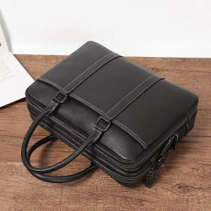 Double Zipper Genuine Leather Men’s Briefcase Laptop Bag 14 Inch Large Capacity Business Travel Soft Bag Single Shoulder Cowhide