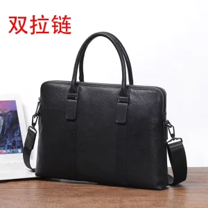 Double Zipper Interlayer Men’s Bag Thin Style Briefcase Plant Tanned Leather Handbag One Shoulder Crossbody Laptop Bag