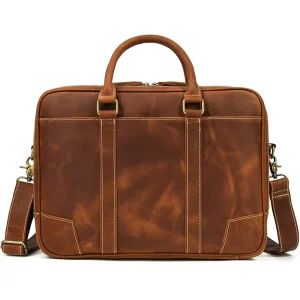 Dropshipping Men Crazy Horse Leather Leather Briefcase for 15″ Laptop Retro Business Shoulder Bag