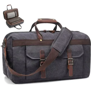 Duffle Bag for Men Waterproof Genuine Leather Canvas Travel Duffel Bags for Women Overnight Weekender Bag for Traveling