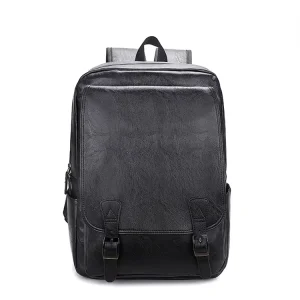 Durable Black Men’s Leather Backpack for Hiking Business Custom Design Waterproof PU Fashionable Promotion Laptop Backpack