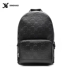 Durable Men’s Backpack Black PU Leather Backpack Embossed Logo Men Business Backpack