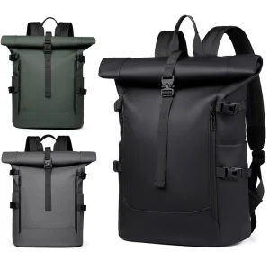 Elite Style Roll up Business Backpack Men’s Large Capacity Travel Bag 15.6 inch Laptop Compartment Polyester Air Cushion Strap