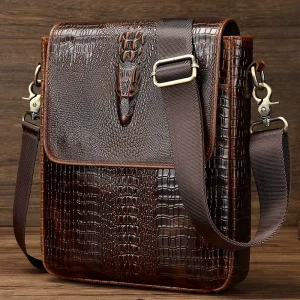 Embossed Genuine Leather Men’s Side Bag Luxury Crocodile Pattern Flap Men’s Messenger Bag
