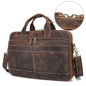 European American Crazy Horse Leather Briefcase Genuine Leather Men’s Vintage Handbag Large Capacity Cowhide Laptop