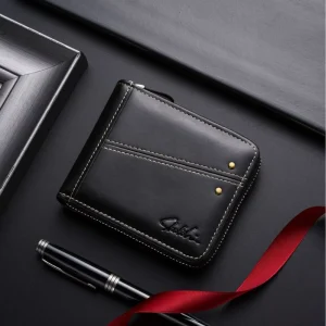 European American Men’s Genuine Leather Wallet Short Horizontal Stitching Fashion Buckle Coin Purse Multi Card Slot