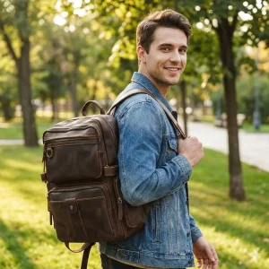 European American Men’s Retro Genuine Leather Backpack Student Schoolbag Large Capacity Travel 18-Inch Laptop Bag Breathable