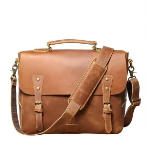 European American Retro Men’s Crazy Horse Leather Soft Briefcase Shoulder Crossbody Computer Bag Cowhide Expansion Large