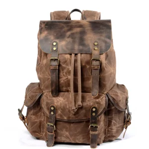 European American Retro Student Rucksack Men’s Oil Wax Canvas Backpack Cotton Lining Casual Drawstring Style for Oblique Travel