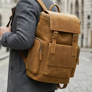 European American Vintage New Men’s Genuine Leather Waterproof Backpack Crazy Horse Leather Travel Mountaineering Summer Cotton