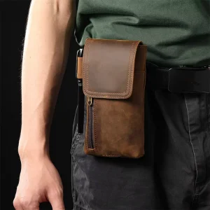 European And American Retro Top Layer Cowhide Men’s Waist Bag Multifunctional Magnetic Suction Mobile Phone Waist Bag