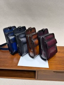 European and American Retro Color Block Scritto Graphic Top Grain Leather Chest Bag Crossbody Bag Men’s Top Grain Leather Bag