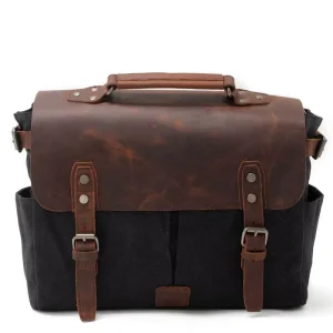 F16960 Men’s Vintage Business Casual Waterproof Waxed Canvas Leather Trim Messenger Laptop Bags with Metal Zipper