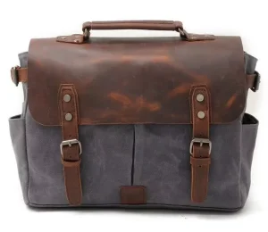 F16960 Waxed Canvas Leather Trim Men’s Vintage Messenger Bag with Zipper Closure 27x36x12.5cm Laptop Briefcase & Phone Wallet
