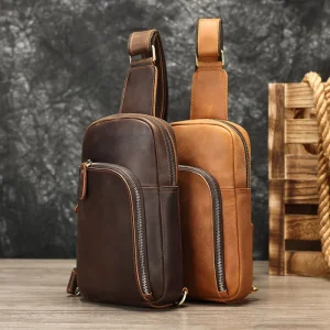 Factory Custom Genuine Leather Men’s Crossbody Bag Zipper High-end Simplicity Style Wear Resistant Leather Chest Bag
