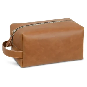 Factory Custom Logo Brown PU Leather Toiletry Bag For Men Waterproof Travel Cosmetic Bag Dopp Kit Organizer Bag UK1005