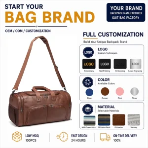 Factory High Quality Men Outdoor Business Luggage Bag Waterproof Brown PU Leather Travel Duffle Bag