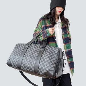 Factory Large Capacity Men’s PU Travel Bag Portable Shoulder Crossbody Gym Bag Plaid Pattern Fashionable Duffel Bag