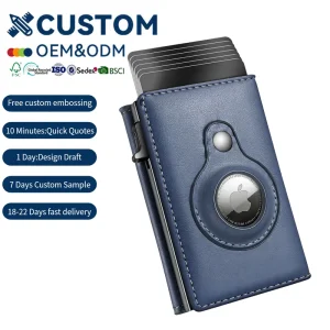 Factory Magnetic Closure PU Leather Pop up Trifold Mens RFID Blocking Metal Aluminum Wallet with Air Tag Slot