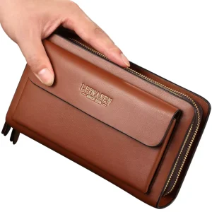 Factory Men’s Soft Leather Business Handbag with RFID Long Casual Zipper Wallet and Polyester Lining