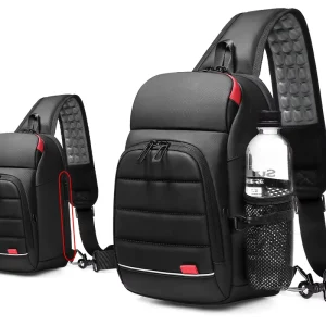 Factory Men’s USB Charging Sling Backpack PVC Water Resistant Crossbody Bag with Multi Pockets and 9.7 Inch Tablet Compartment