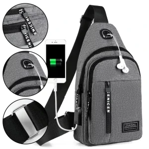 Factory Supplied Customized Logo USB Charging Headphone Jack Waterproof Crossbody Men’s Chest Bags
