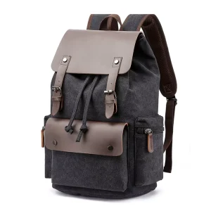Factory Vintage Men’s Brown Canvas Leather Backpack with String Closure Comfortable Design for All Seasons