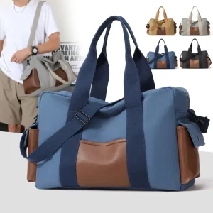 Fashion Canvas Crossbody Tote Bag with Pu Trimming Men Everyday Commute Large Capacity Weekender Bag Travel Gym Bag