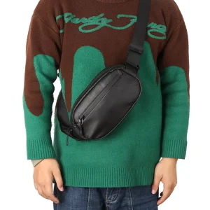 Fashion Casual Men’s Chest Crossbody Fanny Pack Waterproof PU Leather Zipper Closure Barrel-shaped Waist Bag