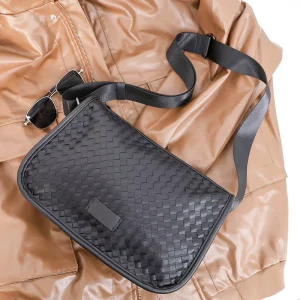 Fashion Custom Design Logo Handwoven Texture PU Messenger Crossbody Bag Men’s Flap Shoulder Bag